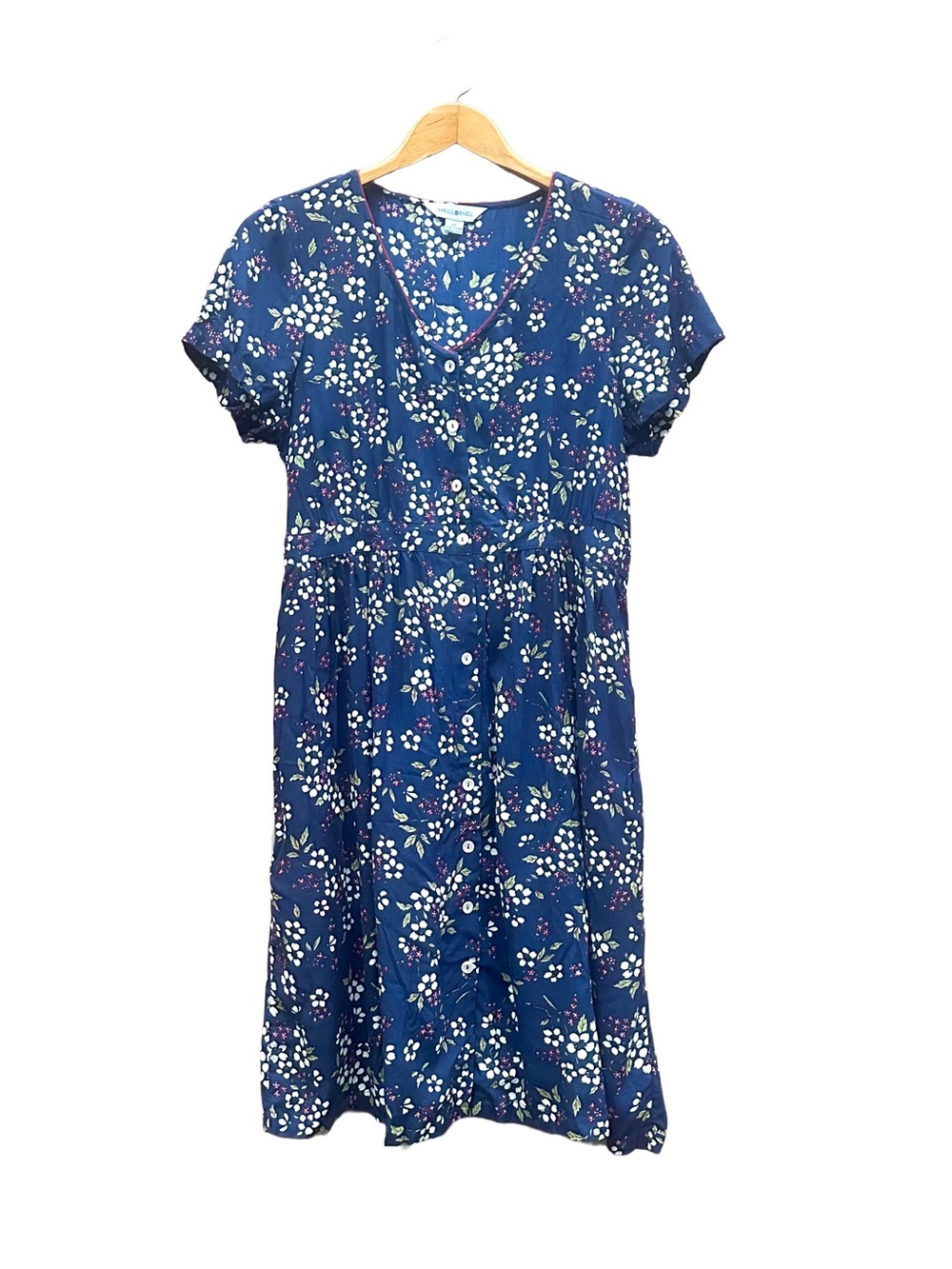April Cornell Dress Navy Blue Floral Button Front Tie Back XS Extra Small